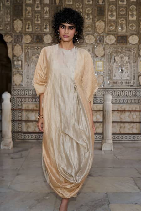 Buy_Dash And Dot_Multi Color Silk, Cotton, Lurex Round Neck Draped Ombre Kaftan Pant Set _Online_at_Aza_Fashions