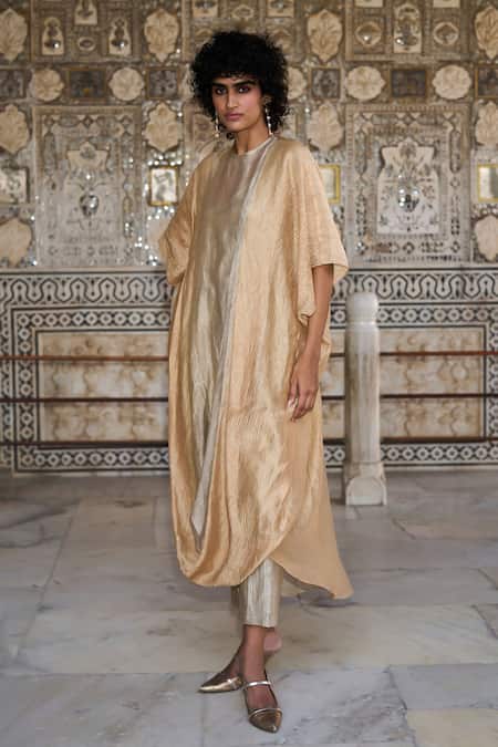 Dash And Dot_Multi Color Silk, Cotton, Lurex Round Neck Draped Ombre Kaftan Pant Set _at_Aza_Fashions