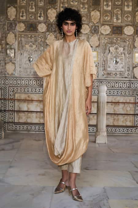 Buy_Dash And Dot_Multi Color Silk, Cotton, Lurex Round Neck Draped Ombre Kaftan Pant Set 