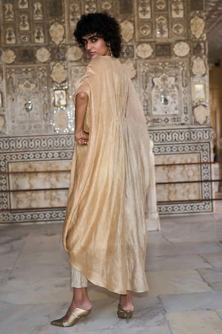 Shop_Dash And Dot_Multi Color Silk, Cotton, Lurex Round Neck Draped Ombre Kaftan Pant Set 