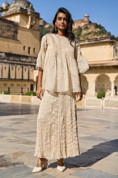 Buy_Dash And Dot_Ivory Silk, Cotton, Lurex Round Neck Pleated Top And Skirt Set _Online_at_Aza_Fashions