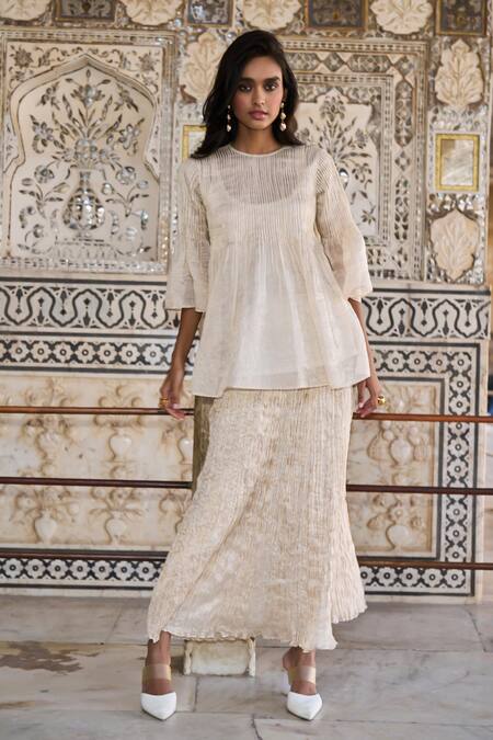 Shop_Dash And Dot_Ivory Silk, Cotton, Lurex Round Neck Pleated Top And Skirt Set _Online_at_Aza_Fashions