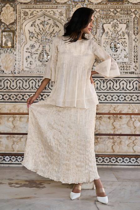 Dash And Dot_Ivory Silk, Cotton, Lurex Round Neck Pleated Top And Skirt Set _at_Aza_Fashions