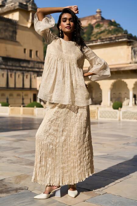 Buy_Dash And Dot_Ivory Silk, Cotton, Lurex Round Neck Pleated Top And Skirt Set 