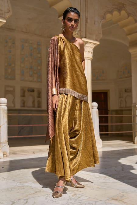 Buy Dash And Dot Multi Color Polyester Asymmetric One Shoulder Pleated Top And Culottes Pant Set Online at Aza Fashions Buy_Dash And Dot_Multi Color Polyester Asymmetric One Shoulder Pleated Top And Culottes Pant Set _Online_at_Aza_Fashions