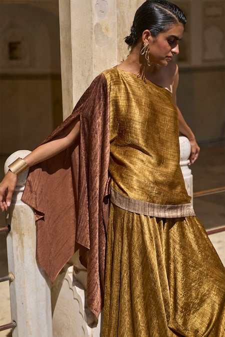 Shop Dash And Dot Multi Color Polyester Asymmetric One Shoulder Pleated Top And Culottes Pant Set Online at Aza Fashions Shop_Dash And Dot_Multi Color Polyester Asymmetric One Shoulder Pleated Top And Culottes Pant Set _Online_at_Aza_Fashions