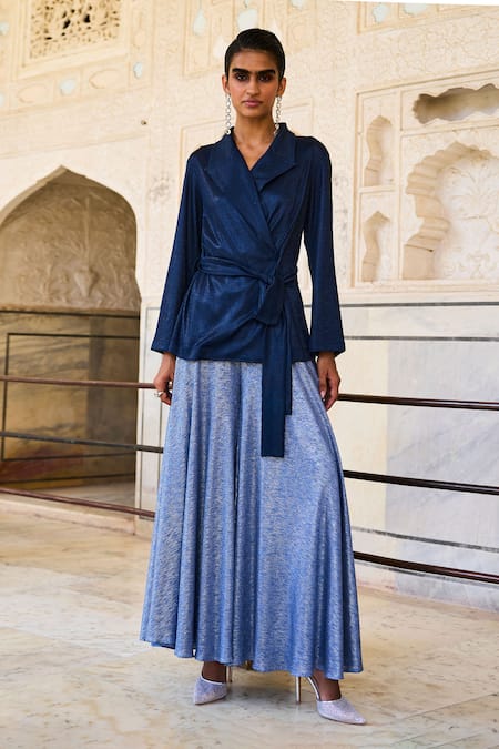 Dash And Dot_Blue Polyester Collared Metallic Wrap Shirt And Pant Set _Online_at_Aza_Fashions