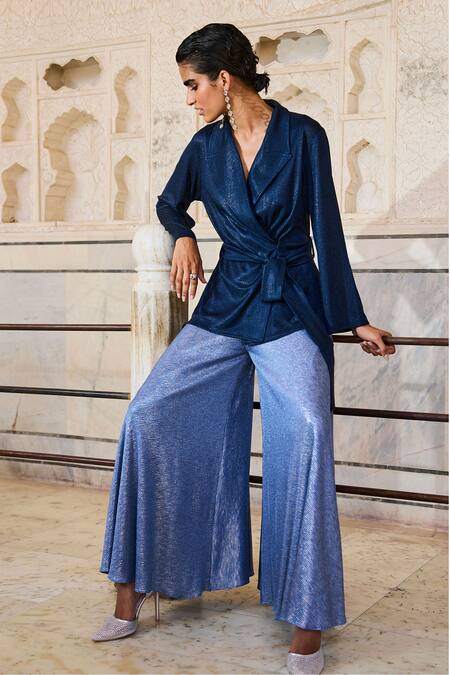 Dash And Dot_Blue Polyester Collared Metallic Wrap Shirt And Pant Set _at_Aza_Fashions