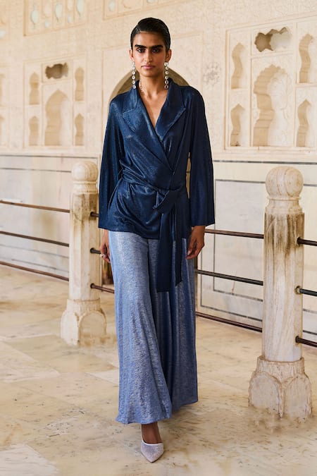 Buy_Dash And Dot_Blue Polyester Collared Metallic Wrap Shirt And Pant Set 