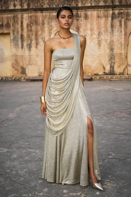 Dash And Dot Metallic Draped Saree Style Gown 
