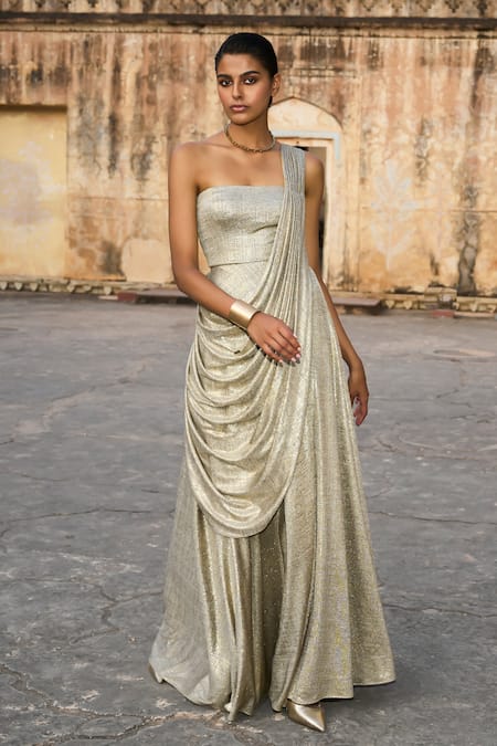 Buy Dash And Dot Silver Polyester Off-shoulder Metallic Draped Saree Style Gown Online at Aza Fashions Buy_Dash And Dot_Silver Polyester Off-shoulder Metallic Draped Saree Style Gown _Online_at_Aza_Fashions