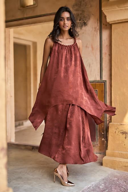 Shop Dash And Dot Brown Polyester Jacquard Flared Maxi Skirt at Aza Fashions Shop_Dash And Dot_Brown Polyester Jacquard Flared Maxi Skirt _at_Aza_Fashions