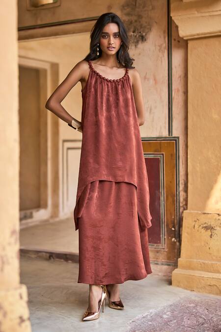 Dash And Dot Brown Polyester Jacquard Flared Maxi Skirt Online at Aza Fashions Dash And Dot_Brown Polyester Jacquard Flared Maxi Skirt _Online_at_Aza_Fashions