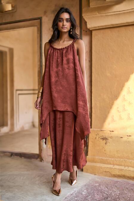 Buy Dash And Dot Brown Polyester Jacquard Flared Maxi Skirt Online at Aza Fashions Buy_Dash And Dot_Brown Polyester Jacquard Flared Maxi Skirt _Online_at_Aza_Fashions