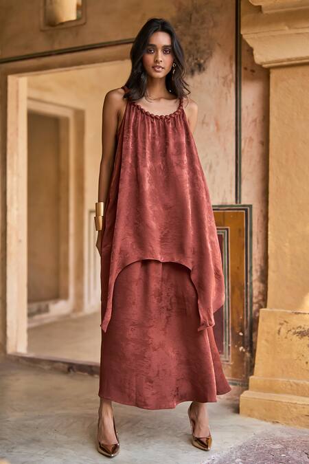 Shop Dash And Dot Brown Polyester Jacquard Flared Maxi Skirt Online at Aza Fashions Shop_Dash And Dot_Brown Polyester Jacquard Flared Maxi Skirt _Online_at_Aza_Fashions