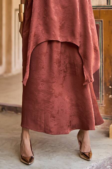 Dash And Dot Brown Polyester Jacquard Flared Maxi Skirt at Aza Fashions Dash And Dot_Brown Polyester Jacquard Flared Maxi Skirt _at_Aza_Fashions