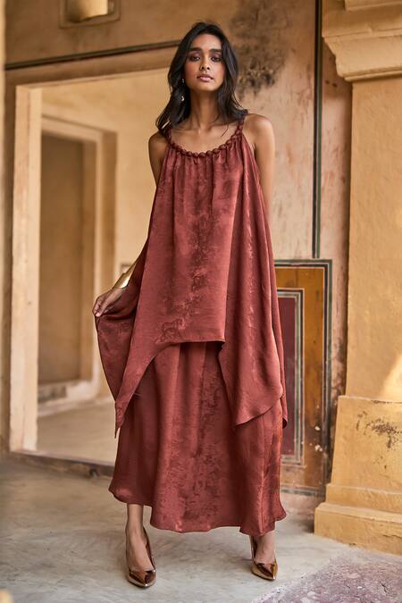 Buy Dash And Dot Brown Polyester Jacquard Flared Maxi Skirt Buy_Dash And Dot_Brown Polyester Jacquard Flared Maxi Skirt