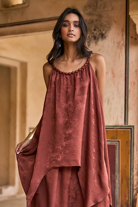 Shop Dash And Dot Brown Polyester Jacquard Flared Maxi Skirt Shop_Dash And Dot_Brown Polyester Jacquard Flared Maxi Skirt