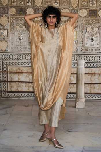 Dash And Dot_Gold Silk, Cotton, Lurex Round Neck Metallic Draped Ombre Kaftan _Online_at_Aza_Fashions