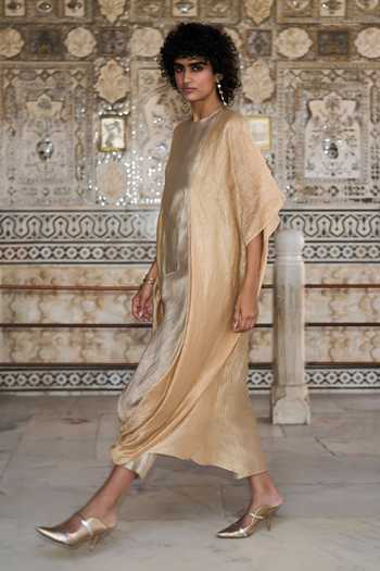 Shop_Dash And Dot_Gold Silk, Cotton, Lurex Round Neck Metallic Draped Ombre Kaftan _Online_at_Aza_Fashions