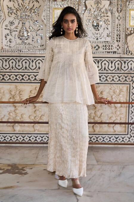 Dash And Dot_Ivory Silk, Cotton, Lurex Tissue Crushed Pattern Skirt _Online_at_Aza_Fashions