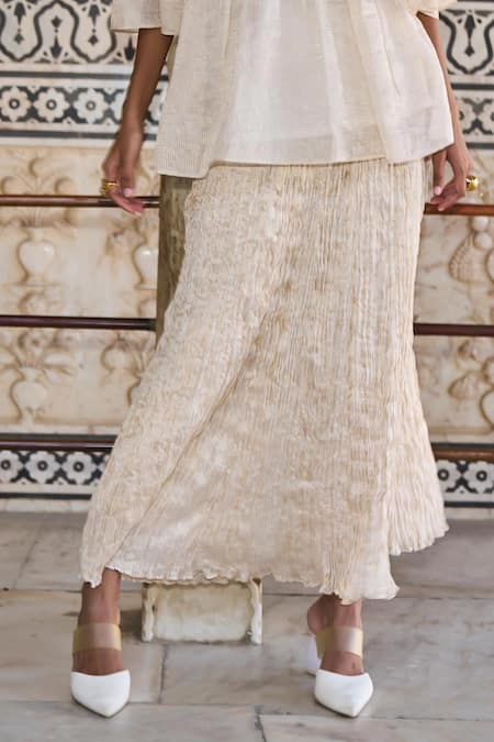 Shop_Dash And Dot_Ivory Silk, Cotton, Lurex Tissue Crushed Pattern Skirt _Online_at_Aza_Fashions