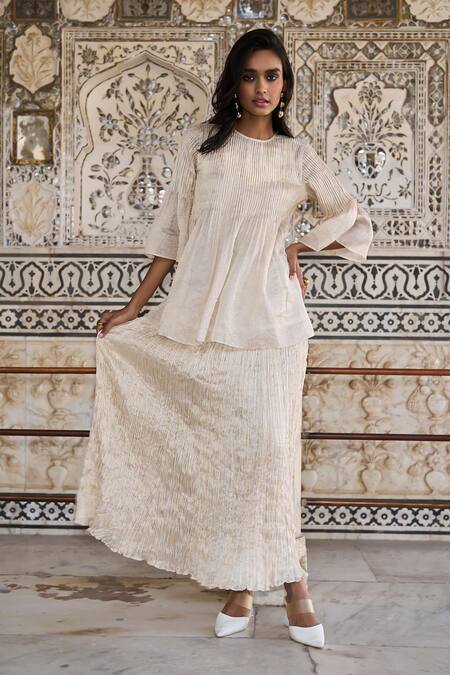 Dash And Dot_Ivory Silk, Cotton, Lurex Tissue Crushed Pattern Skirt _at_Aza_Fashions