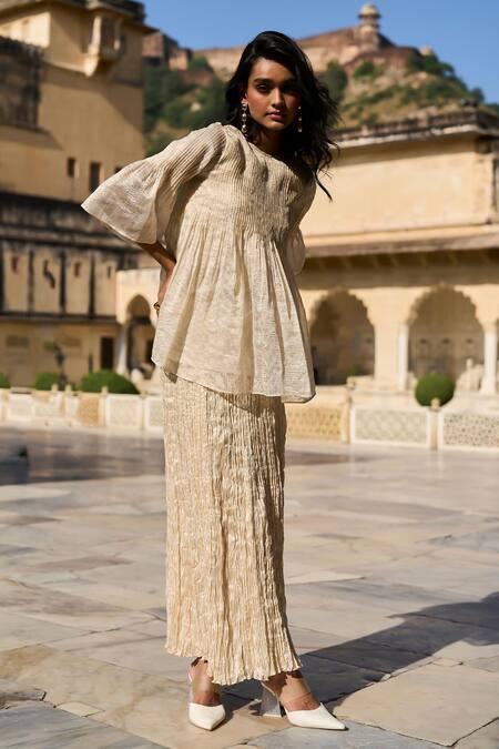 Buy_Dash And Dot_Ivory Silk, Cotton, Lurex Tissue Crushed Pattern Skirt 