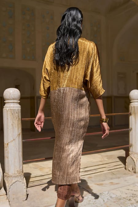 Shop Dash And Dot Brown Polyester V-neck Lame Color Block Tunic at Aza Fashions Shop_Dash And Dot_Brown Polyester V-neck Lame Color Block Tunic _at_Aza_Fashions