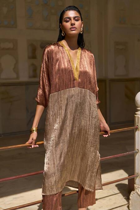 Buy Dash And Dot Brown Polyester V-neck Lame Color Block Tunic Online at Aza Fashions Buy_Dash And Dot_Brown Polyester V-neck Lame Color Block Tunic _Online_at_Aza_Fashions