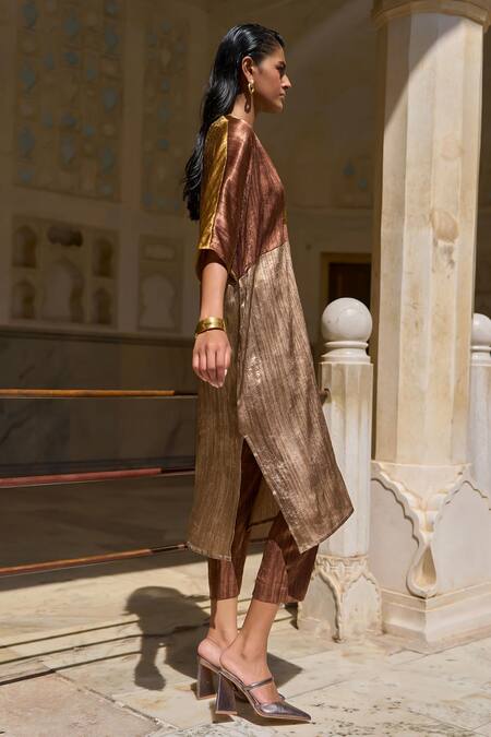 Dash And Dot Brown Polyester V-neck Lame Color Block Tunic at Aza Fashions Dash And Dot_Brown Polyester V-neck Lame Color Block Tunic _at_Aza_Fashions