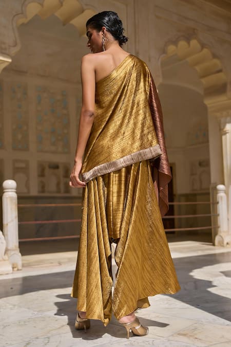 Shop_Dash And Dot_Gold Polyester One Shoulder Lame Color Block Top _at_Aza_Fashions