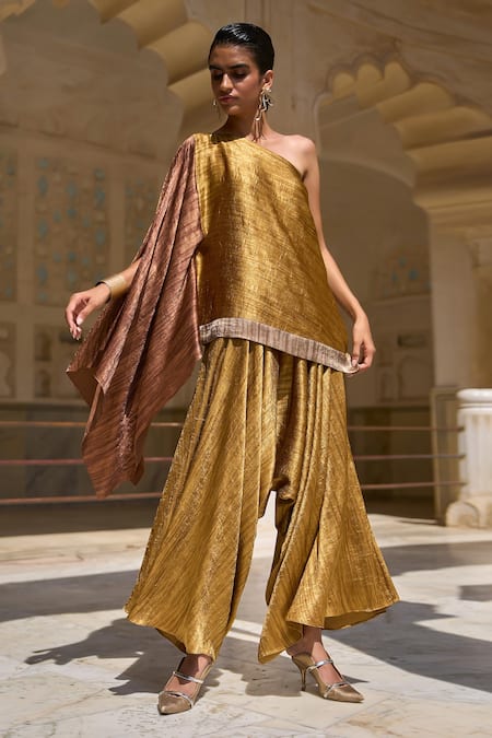 Shop_Dash And Dot_Gold Polyester One Shoulder Lame Color Block Top _Online_at_Aza_Fashions