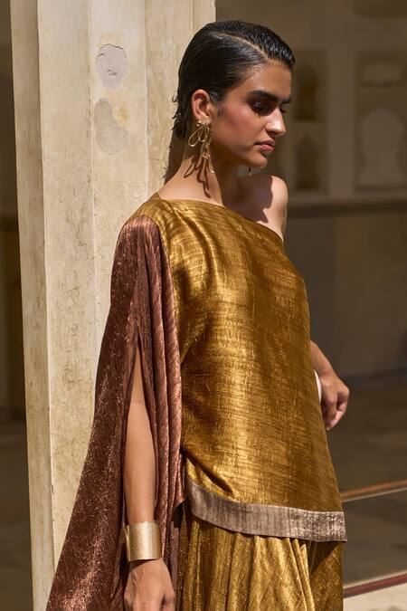 Dash And Dot_Gold Polyester One Shoulder Lame Color Block Top _at_Aza_Fashions