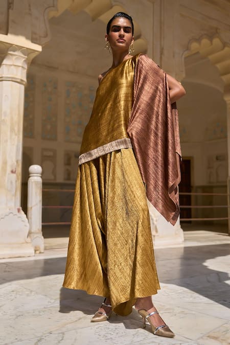 Dash And Dot_Gold Polyester Lame Draped Culotte Pant _Online_at_Aza_Fashions