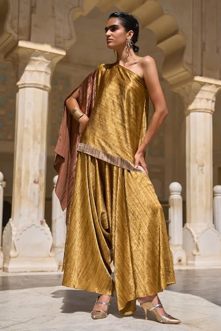 Buy_Dash And Dot_Gold Polyester Lame Draped Culotte Pant _Online_at_Aza_Fashions