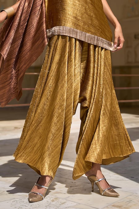 Shop_Dash And Dot_Gold Polyester Lame Draped Culotte Pant _Online_at_Aza_Fashions