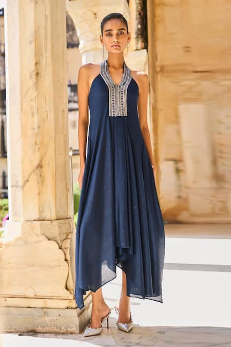 Dash and Dot Blue 100% Polyester Embroidery Stripe Halter Geometric Lace Asymmetric Dress 