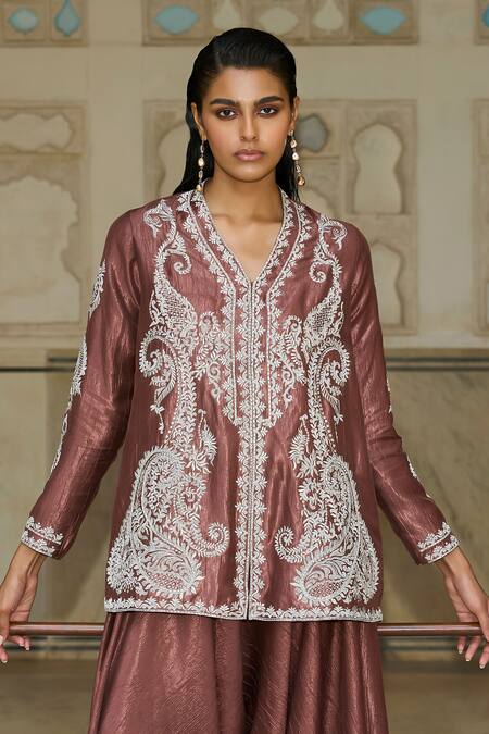 Buy Dash And Dot Brown Polyester, Tencel Embroidery V-neck Paisley Thread Short Kurta Online at Aza Fashions Buy_Dash And Dot_Brown Polyester, Tencel Embroidery V-neck Paisley Thread Short Kurta _Online_at_Aza_Fashions
