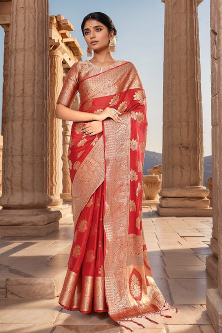 Samyukta Singhania Red Viscose Woven Zari Round Floral Paisley Saree With Blouse 