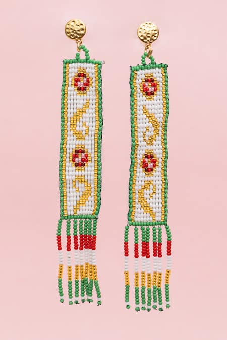 Shop MAALICIOUS JEWELRY Green Pearls, Beads Mughal Embellished Earrings at Aza Fashions Shop_MAALICIOUS JEWELRY_Green Pearls, Beads Mughal Embellished Earrings _at_Aza_Fashions