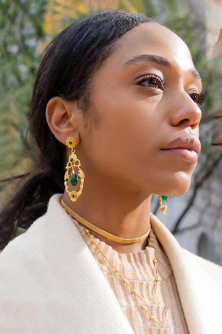 MAALICIOUS JEWELRY_Green Stones Paradise Embellished Chandeliers _Online_at_Aza_Fashions