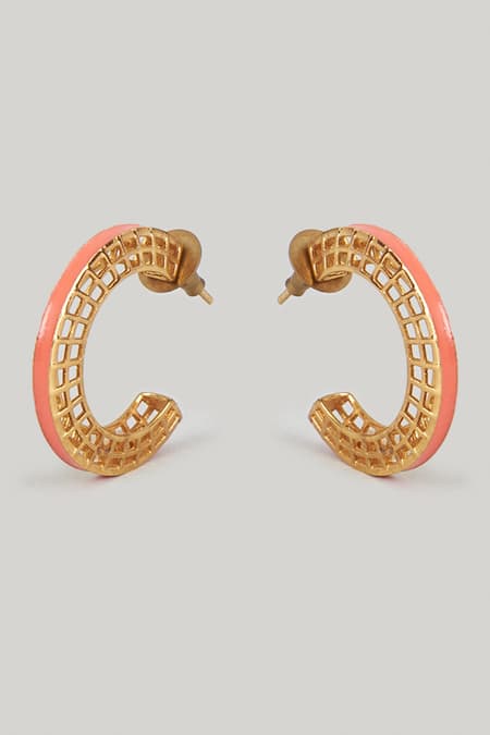 Shop MAALICIOUS JEWELRY Pink Cut Work Round Enamelled Hoops at Aza Fashions Shop_MAALICIOUS JEWELRY_Pink Cut Work Round Enamelled Hoops _at_Aza_Fashions