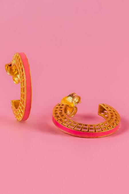 MAALICIOUS JEWELRY Pink Cut Work Round Enamelled Hoops Online at Aza Fashions MAALICIOUS JEWELRY_Pink Cut Work Round Enamelled Hoops _Online_at_Aza_Fashions