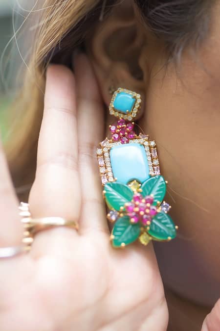 MAALICIOUS JEWELRY Blue Zari, Stones Spicy Mama Zirconia Embellished Earrings Online at Aza Fashions MAALICIOUS JEWELRY_Blue Zari, Stones Spicy Mama Zirconia Embellished Earrings _Online_at_Aza_Fashions