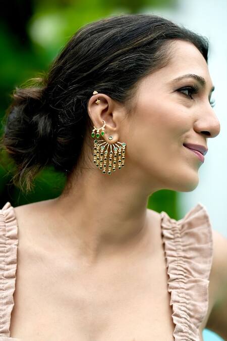 Buy_MAALICIOUS JEWELRY_Green Gota Patti, Stones Aurora Embellished Earrings _Online_at_Aza_Fashions