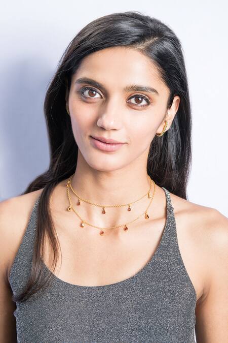 Shop_MAALICIOUS JEWELRY_Red Garnet Witch Stone Studded Chain - Set Of 2 _Online_at_Aza_Fashions