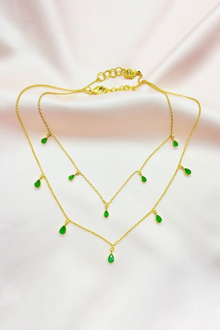 Shop MAALICIOUS JEWELRY Green Witch Stone Studded Chain - Set Of 2 at Aza Fashions Shop_MAALICIOUS JEWELRY_Green Witch Stone Studded Chain - Set Of 2 _at_Aza_Fashions