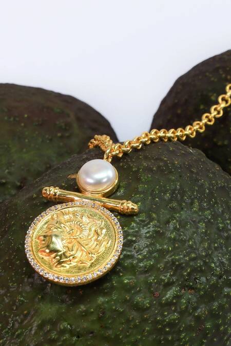 MAALICIOUS JEWELRY_Gold Plated Garnet Embellished Carved Pendant Necklace _Online_at_Aza_Fashions