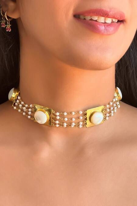 MAALICIOUS JEWELRY_White Mother Of Pearl Enamelled Multistrand Choker _Online_at_Aza_Fashions